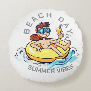 Beach Day Cartoon Character on Inflatable Ring Round Cushion