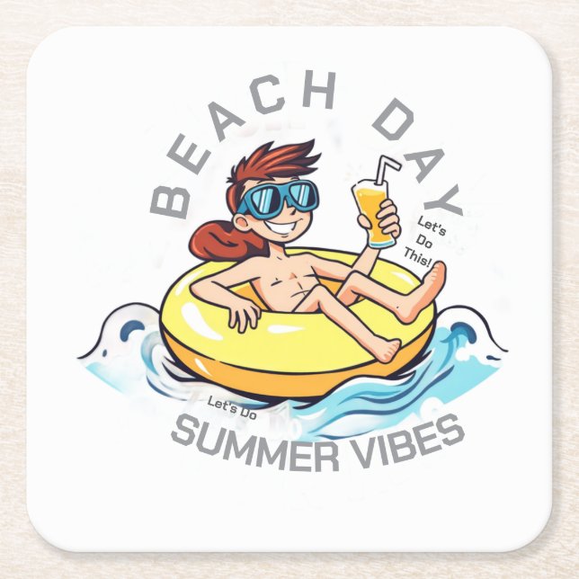 Beach Day Cartoon Character on Inflatable Ring Square Paper Coaster (Front)