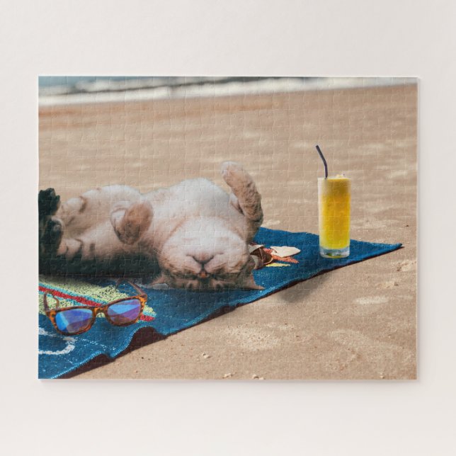 Beach Day Cat Sunbathing Cute Funny Silly Animal Jigsaw Puzzle (Horizontal)