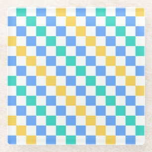 Beach day diagonal checkerboard pattern glass coaster