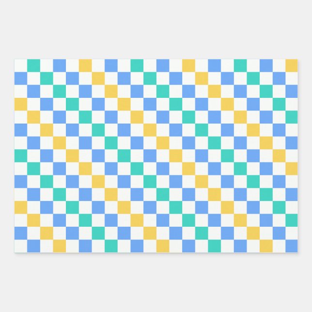 Beach day diagonal chequerboard pattern wrapping paper sheet (Front)
