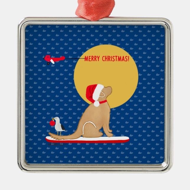 Beach Day Surfing Golden Santa Dog Ornament (Front)