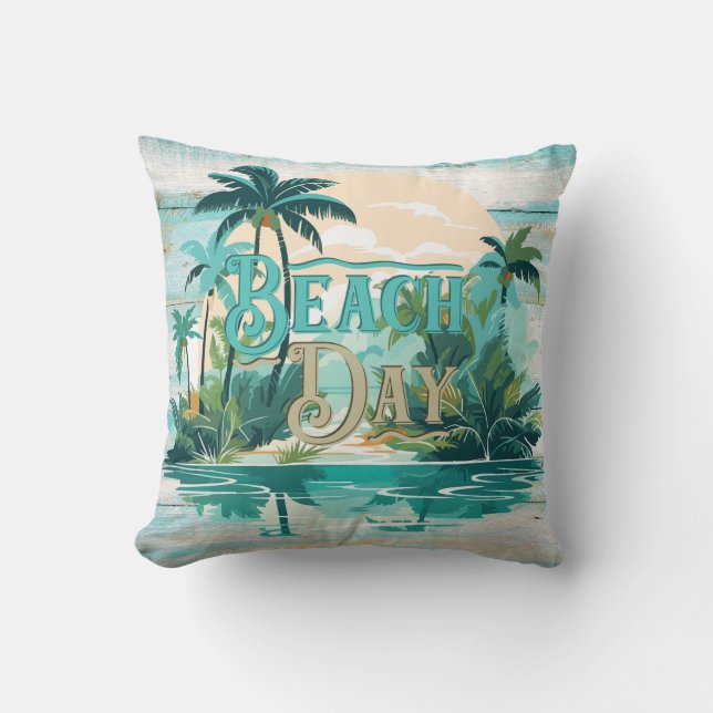 Beach Day Teal Beige Palm Trees Beach Coastal Cushion (Front)