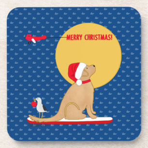 Beach Day Whales Surfing Golden Santa Dog Coasters