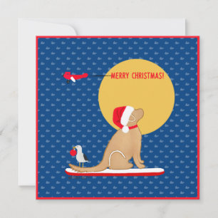 Beach Day Whales Surfing Golden Santa Dog  Holiday Card
