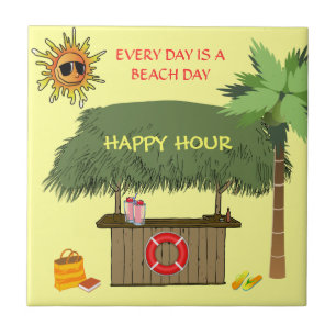 BEACH DAYS Tiki Hut Bar Tropical Happy Hour Funny Ceramic Tile