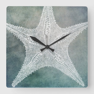 Beach Decor Indigo Teal Blue Watercolor Starfish Square Wall Clock