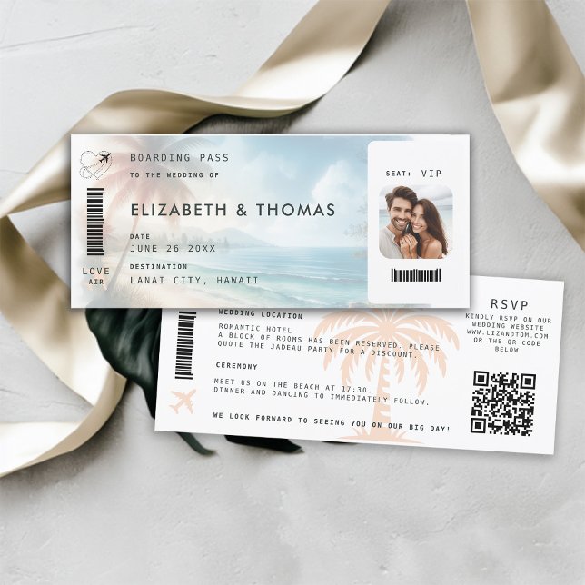 Beach Destination Boarding Pass QR All One Wedding Invitation (beach destination wedding invitation boarding pass qr code all in one tropical watercolor)