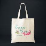 Beach destination flamingo wedding bridesmaid tote bag<br><div class="desc">Tropical watercolor pink flamingo bridesmaid sea / beach / destination wedding tote bag with aqua blue calligraphy script and editable text. Personalise it with your bridesmaid's name!</div>