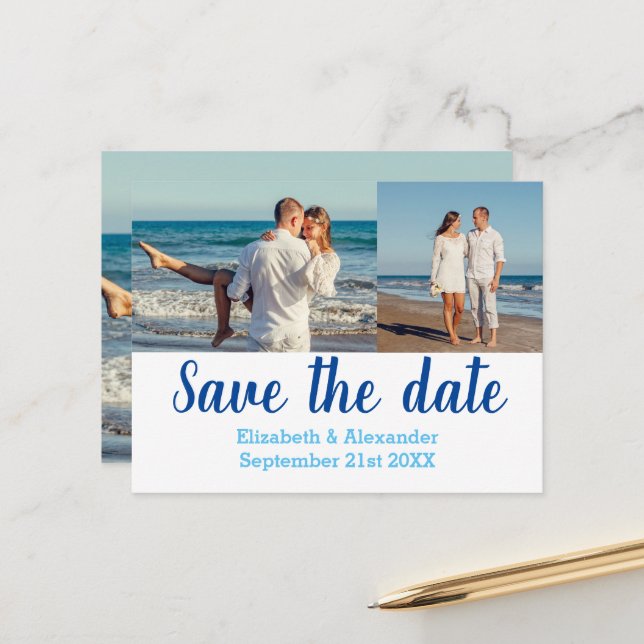 Beach Destination Photo Collage Save The Date Card (Front/Back In Situ)