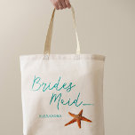 Beach destination starfish wedding bridesmaid tote bag<br><div class="desc">Starfish bridesmaid sea / beach / destination wedding tote bag with aqua blue calligraphy script and editable text. Personalise it with bridesmaid's name.</div>