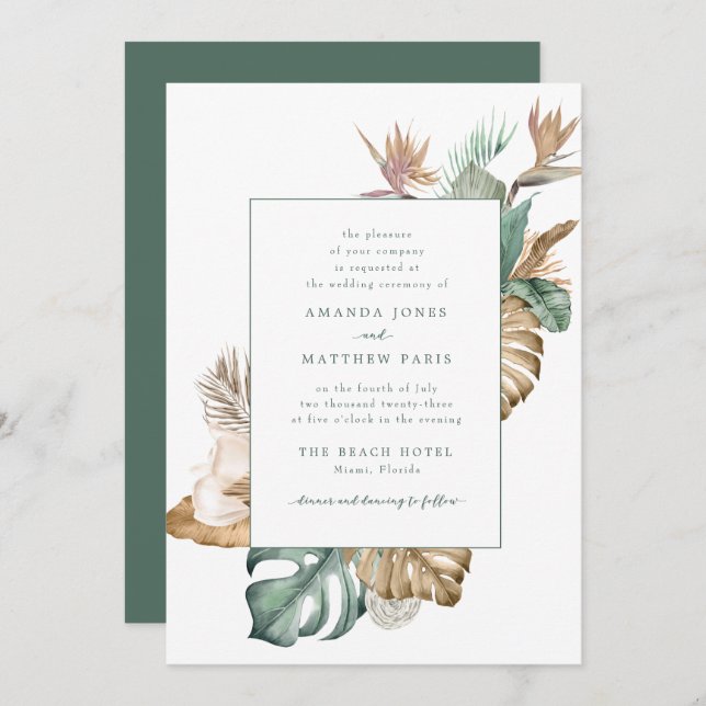 Beach Destination Tropical Leaf Floral Wedding Invitation (Front/Back)