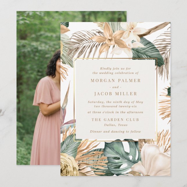 Beach Destination Tropical Leaf Photo Wedding  Invitation (Front/Back)