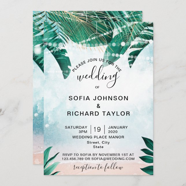 beach destination tropical summer watercolor sea invitation (Front/Back)