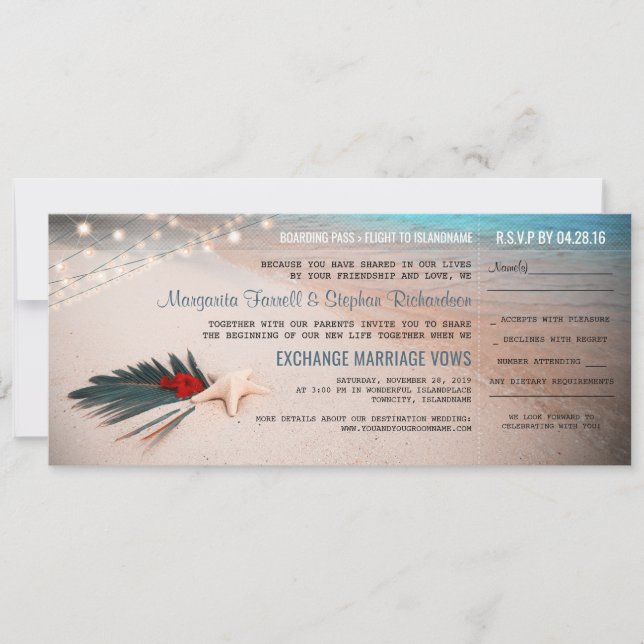 Beach Destination Wedding Boarding Pass Ticket Invitation (Front)