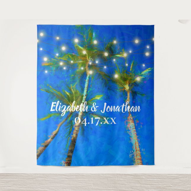 Beach Destination Wedding Palm Trees String Lights Tapestry (Front)