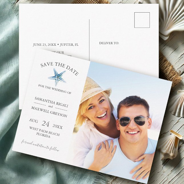 Beach Destination Wedding Save The Date Postcard (destination beach wedding save the date photo with watercolor starfish art by Victoria Grigaliunas)