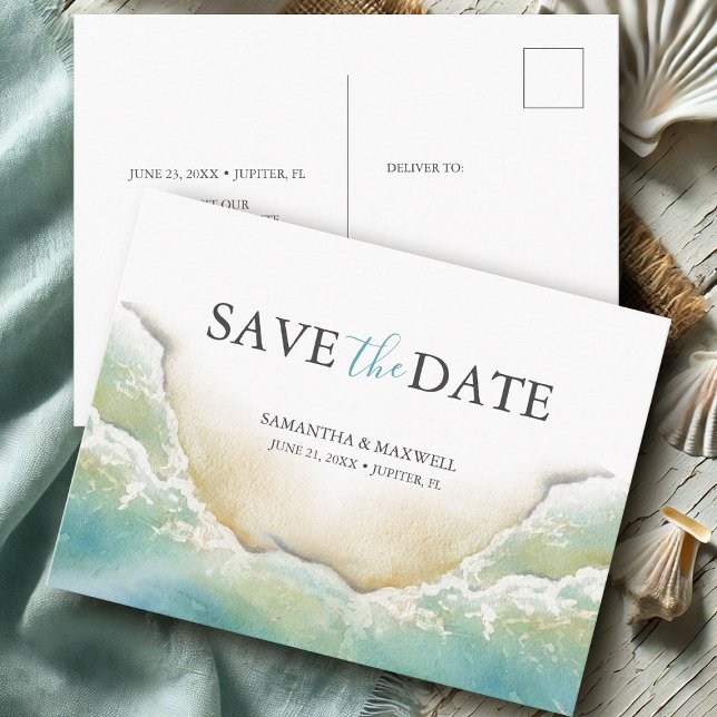 Beach Destination Wedding Save The Date Postcard (Destination save the date postcards watercolor beach art by Victoria Grigaliunas Do Tell A Belle)