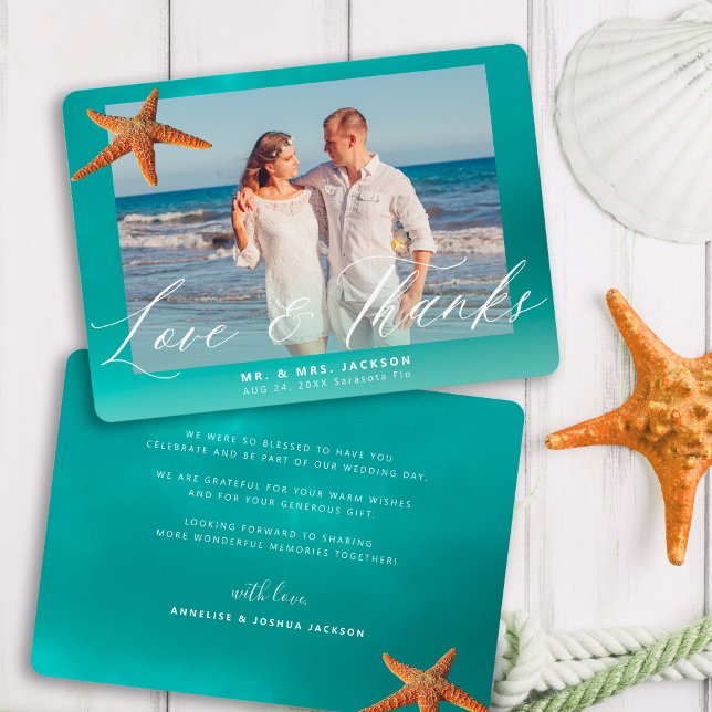 Beach destination wedding starfish custom photo thank you card (Creator Uploaded)