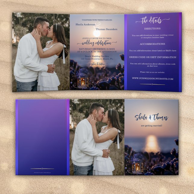 Beach Destination Wedding Tri-fold Invitation (Tri-fold beach or destination wedding invitation with custom photos and a bohemian coastal scene)