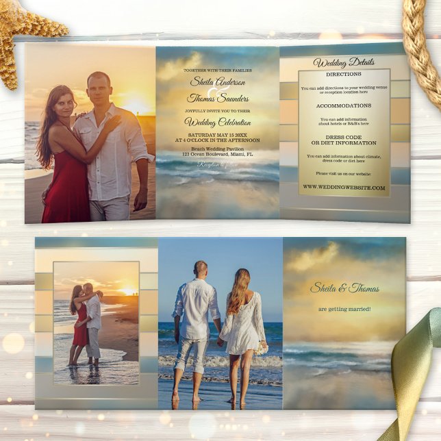 Beach Destination Wedding Tri-fold Invitation (Tri-fold wedding invitation featuring your photos on a painting of a sunset at a stormy beach)