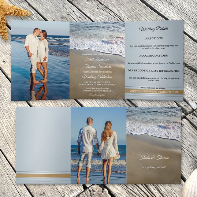 Beach Destination Wedding Tri-fold Invitation (Tri-fold beach wedding photo  invitation featuring waves flowing onto the beach)