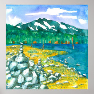 Beach Dog Walking Mountain Lake Zen Rock Cairn Poster
