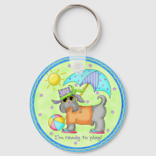 Beach Dog Whimsy Art Green Blue Key Ring