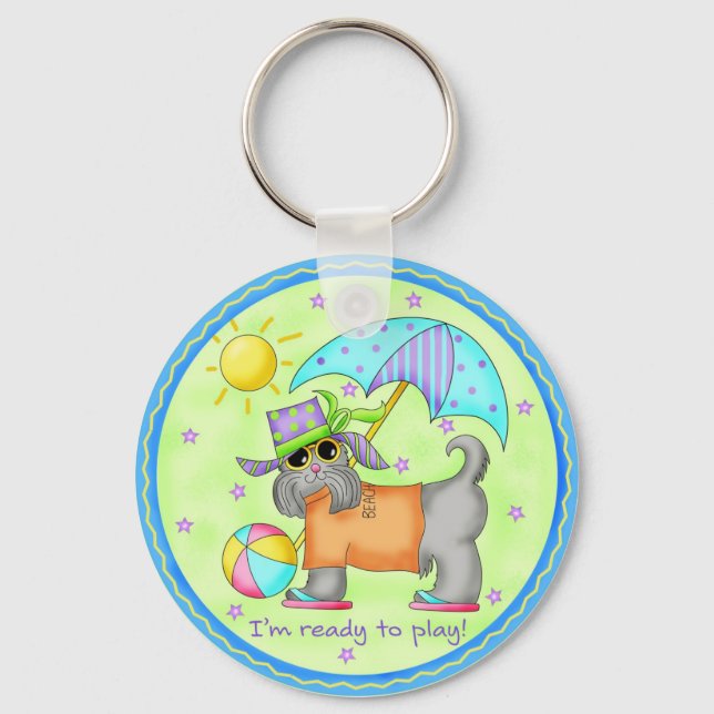Beach Dog Whimsy Art Green Blue Key Ring (Front)
