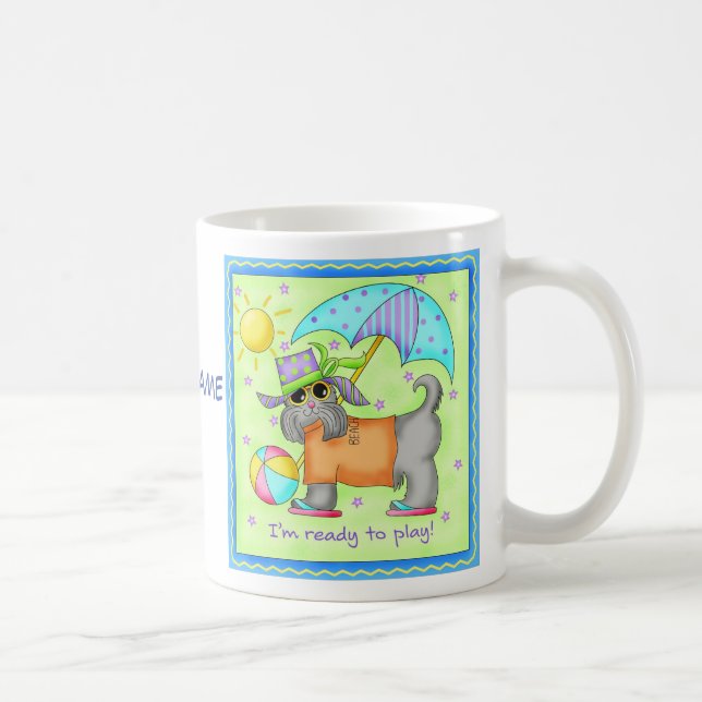 Beach Dog Whimsy Art Green Blue Name Personalise Coffee Mug (Right)