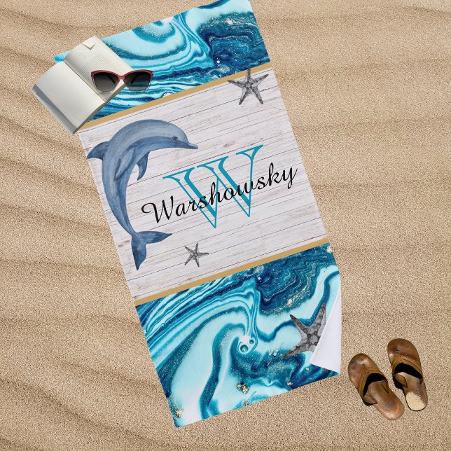 Beach Dolphin Blue Marble Family Monogram  Towel (Creator Uploaded)