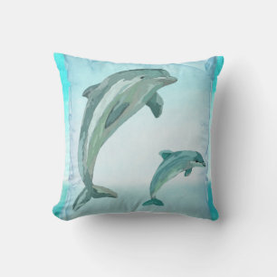 Beach Dolphins Watercolor Art Cushion