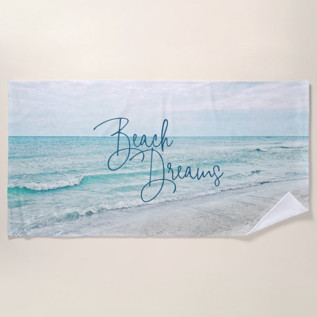 Beach Dreams Inspirational Quote Retro Ocean Waves Beach Towel (Front)