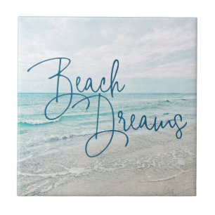 Beach Dreams Inspirational Quote Retro Ocean Waves Ceramic Tile