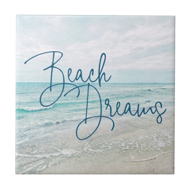 Beach Dreams Inspirational Quote Retro Ocean Waves Ceramic Tile (Front)