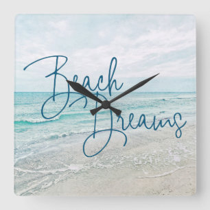 Beach Dreams Inspirational Quote Retro Ocean Waves Square Wall Clock