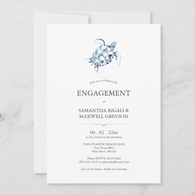 Beach Engagement Party Invitations Blue Sea Turtle (Front)