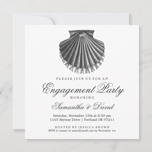 Beach Engagement Party Scallop Shell Charcoal Invitation (Front)