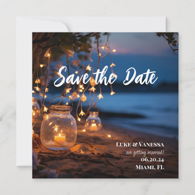 Beach evening fairy lights destination save the date (Front)