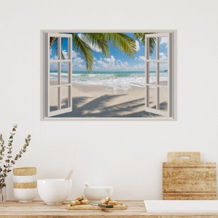 Beach Fake Window Home Office Wall Decor Poster