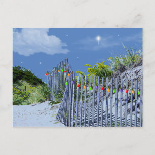 Beach Fence & Dunes Christmas Lights Holiday Postcard