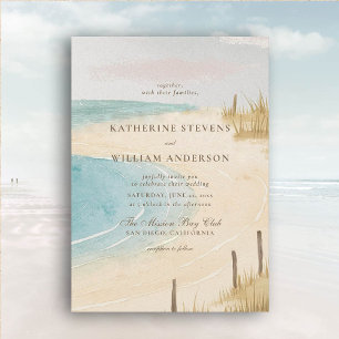 Beach Fence Ocean Grass Sky Art Elegant Wedding Invitation