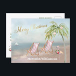 Beach Flamingo Merry Christmas Budget Postcard<br><div class="desc">Merry Christmas on this lovely Watercolor Beach -- peaceful and gentle scene with two beach chairs -- friendly flamingo with lovely wreath -- Palm tree with a few ornaments.  Also available in different paper weights -- your selection.</div>