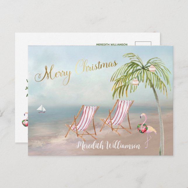 Beach Flamingo Merry Christmas Budget Postcard (Front/Back)