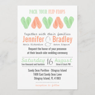 Beach Flip Flop Hearts Wedding Invitation Mint