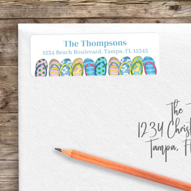 Beach Flip Flops Colourful Tropical Personalised Return Address Label (Return address label with a whimsical flip flops.)