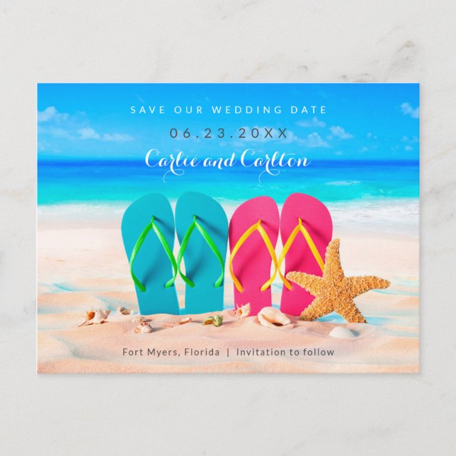 Beach Flip Flops on Sand Save the Date Postcard (Front)
