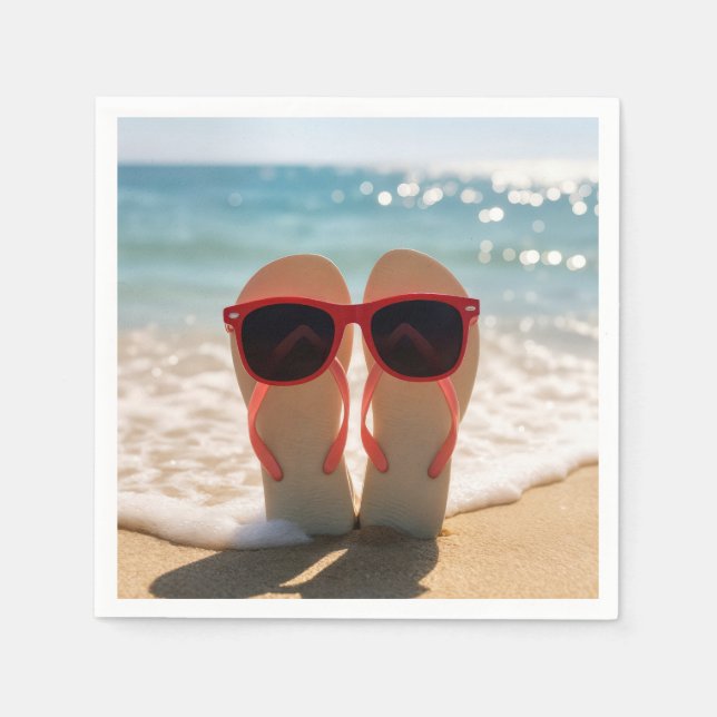 Beach Flip-flops with Red Sunglasses Napkin (Front)