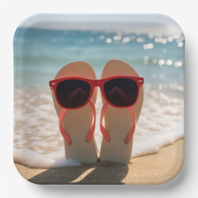 Beach Flip-flops with Red Sunglasses Paper Plate (Front)