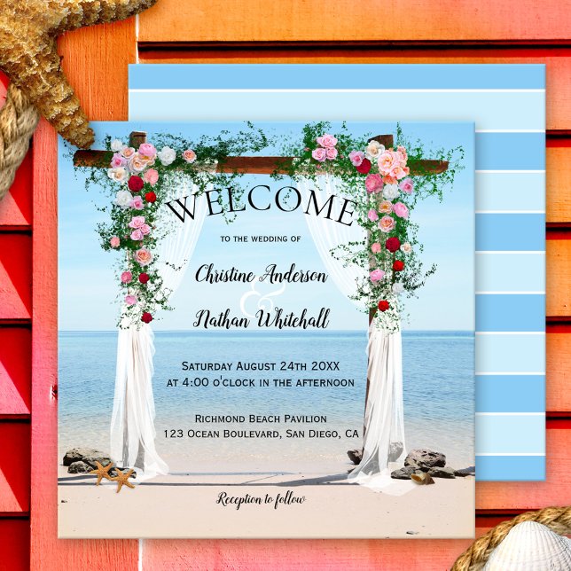 Beach Floral Arbor Wedding Invitation (A romantic wedding invitation featuring an arch with veils and roses on the beach)